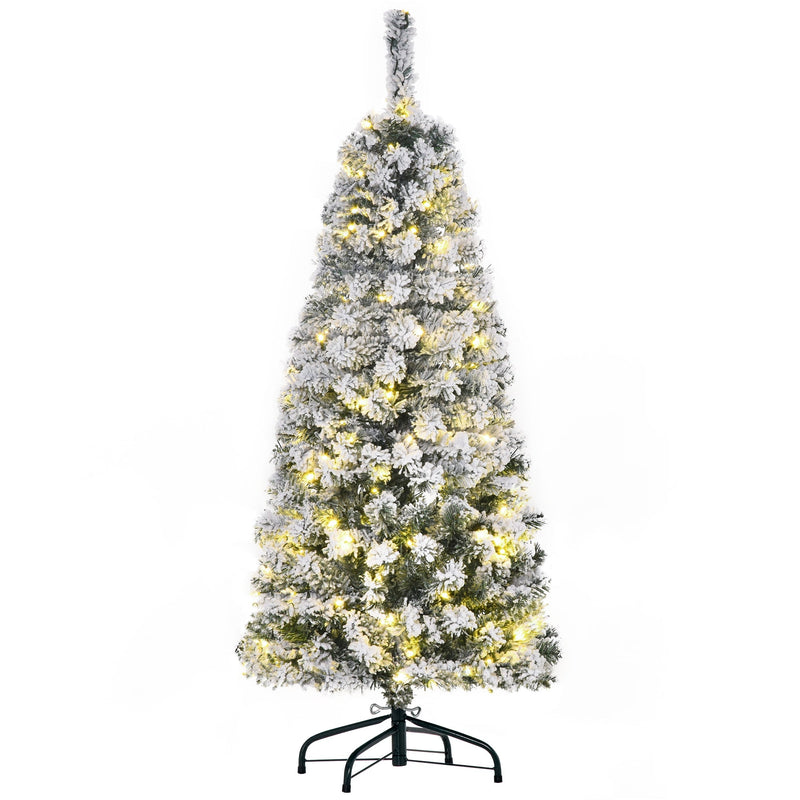 4ft snow flocked Christmas tree with lights on, front view on white background