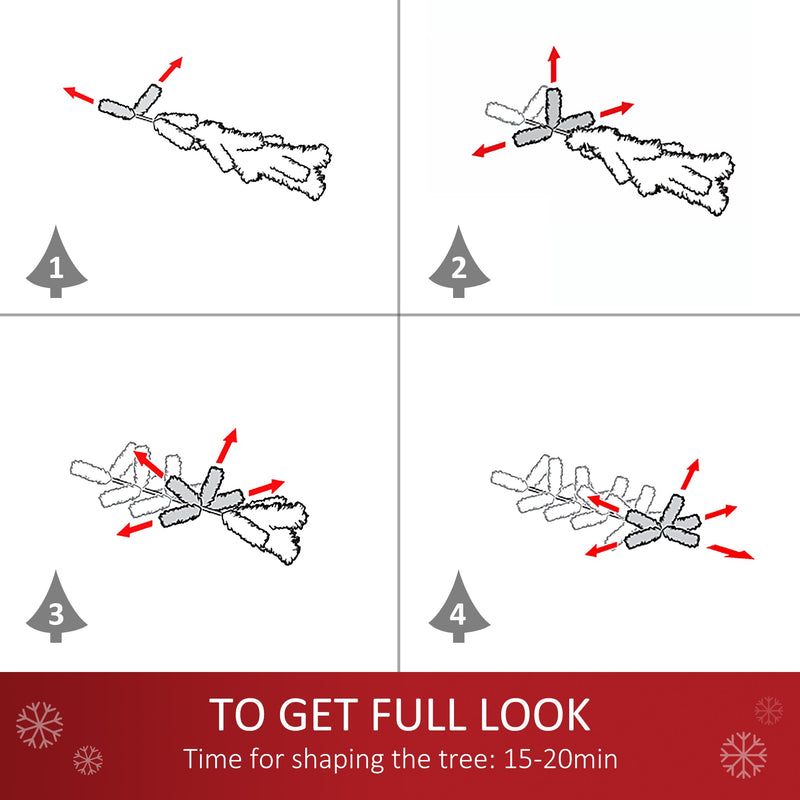Four-step diagram showing how to fan out the branches on the 6ft tree, 15-20 minutes
