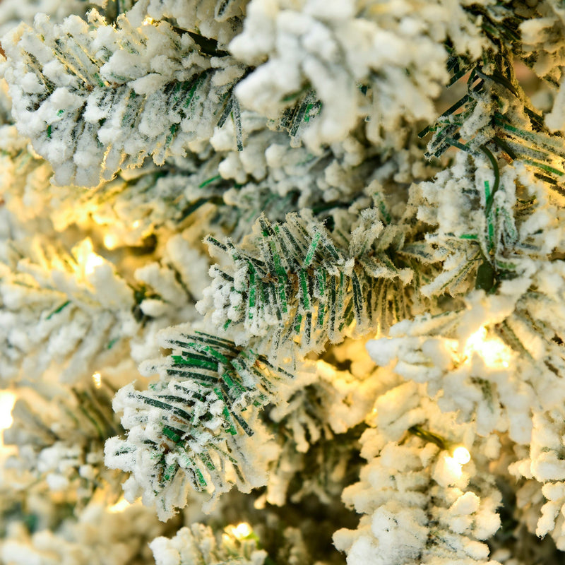 Close-up of green needles dusted with snow and lit by warm white LEDs on the 6ft tree