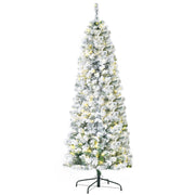 6ft snow flocked Christmas tree with lights on, angled view on white background