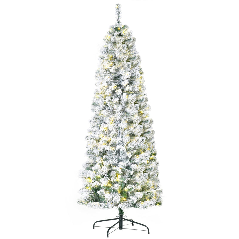 6ft snow flocked Christmas tree with lights on, angled view on white background