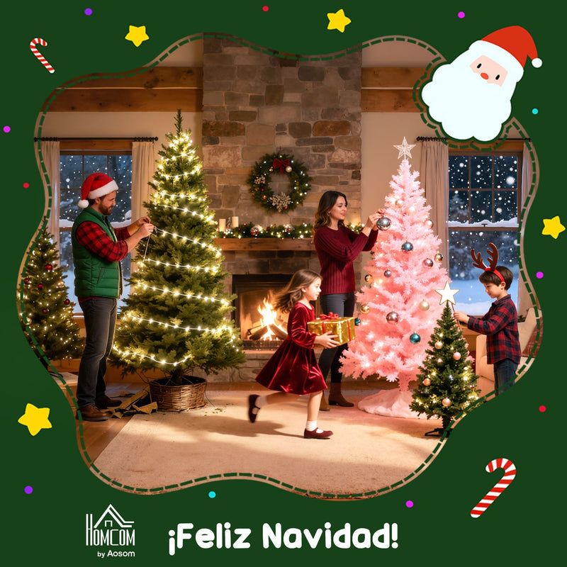 Family decorating lit Christmas trees by a fireplace under a Spanish Christmas greeting