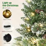 Feature graphic showing 35 warm white LEDs, battery box and timer beside tree branches