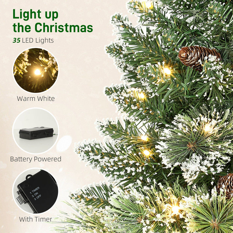 Feature graphic showing 35 warm white LEDs, battery box and timer beside tree branches