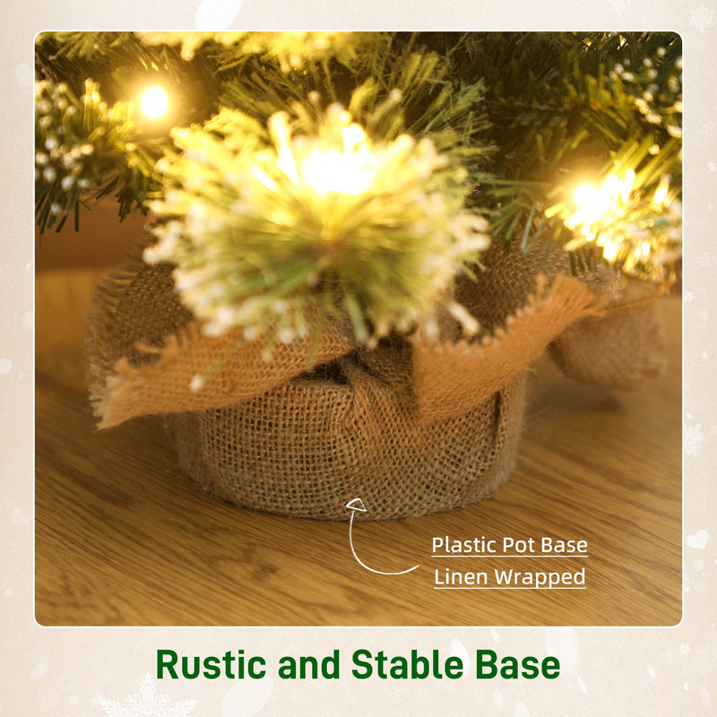 Close-up of the plastic base wrapped in linen-look fabric under glowing tree tips