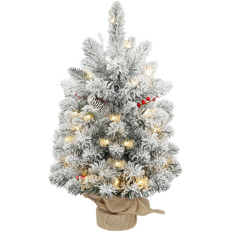 Slim snow-flocked 60 cm tabletop Christmas tree with red berries, lights and a linen-look base on white