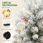 Feature graphic showing 35 warm white LEDs, battery box and timer beside flocked branches