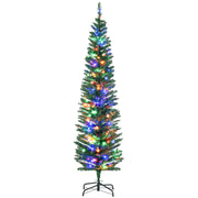 Front view of a 6ft pre-lit pencil Christmas tree with multicoloured LED lights on a black steel stand