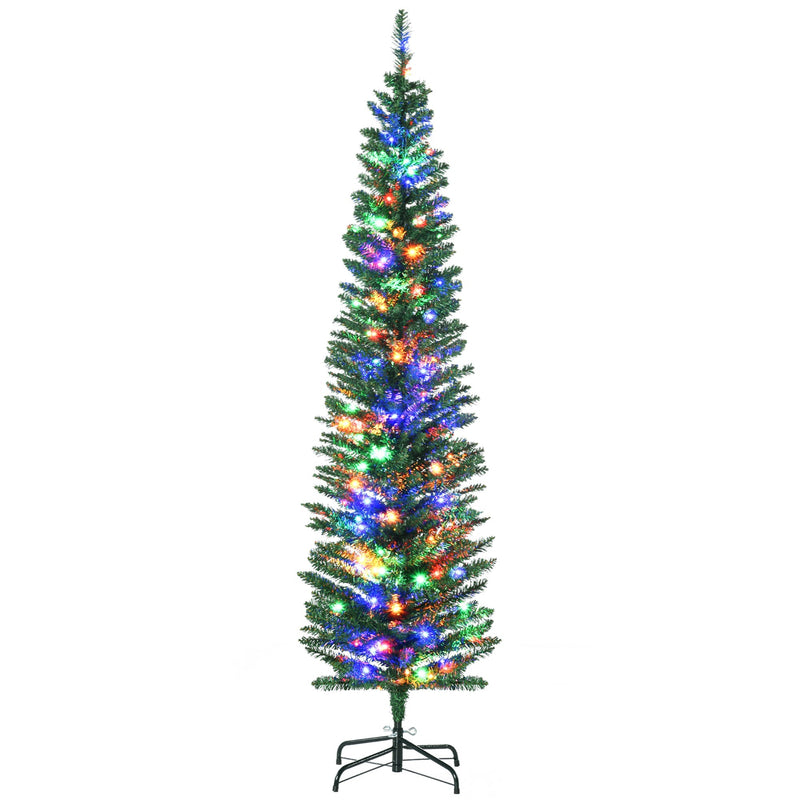 Front view of a 6ft pre-lit pencil Christmas tree with multicoloured LED lights on a black steel stand