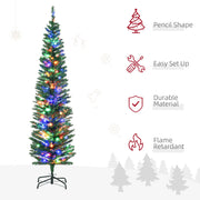 Pencil Christmas tree with icons for pencil shape, easy set up, durable material and flame retardant