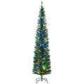 Front view of a 7.5ft pre-lit pencil Christmas tree with multicoloured LED lights on a black steel stand