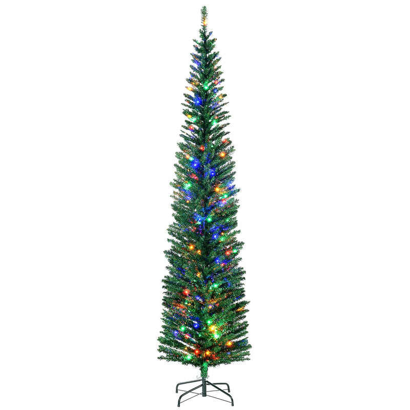 Front view of a 7.5ft pre-lit pencil Christmas tree with multicoloured LED lights on a black steel stand
