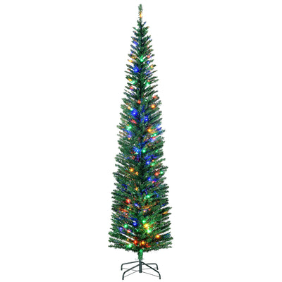 Front view of a 7.5ft pre-lit pencil Christmas tree with multicoloured LED lights on a black steel stand