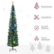 Pencil Christmas tree with icons for pencil shape, easy set up, durable material and flame retardant