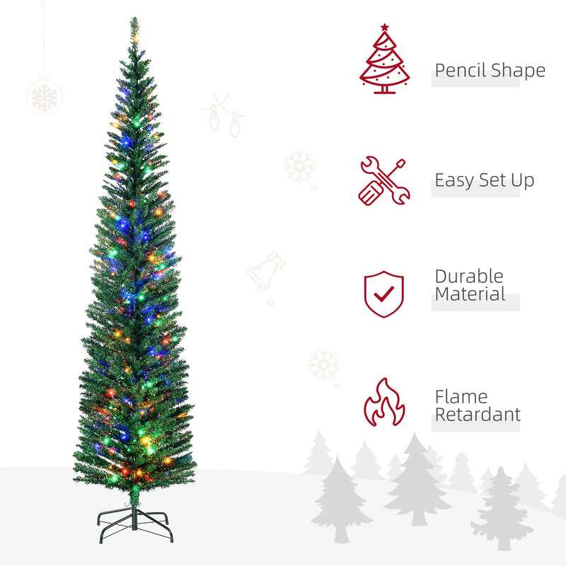 Pencil Christmas tree with icons for pencil shape, easy set up, durable material and flame retardant