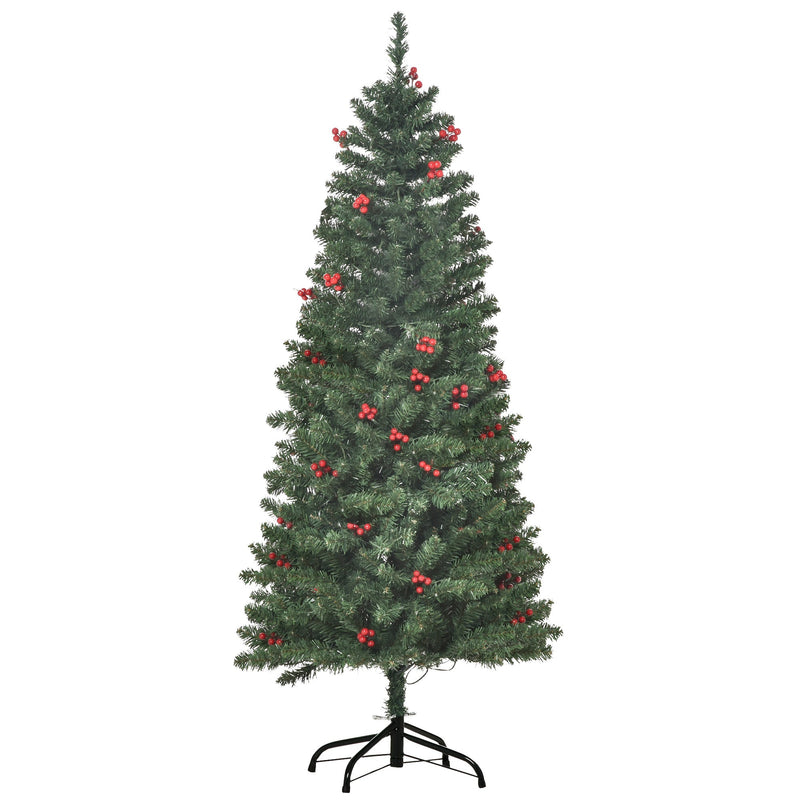 5ft pencil Christmas tree with red berries, angled view on white background