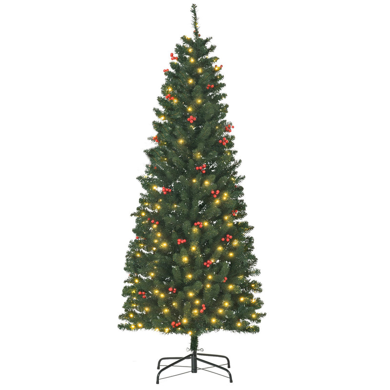 6ft pre-lit pencil Christmas tree with red berries on a black metal stand