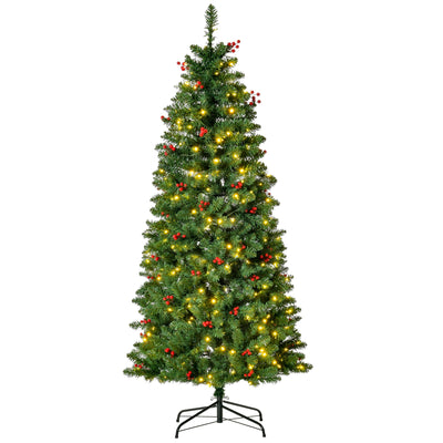 5ft pre-lit pencil Christmas tree with red berries on a black metal stand