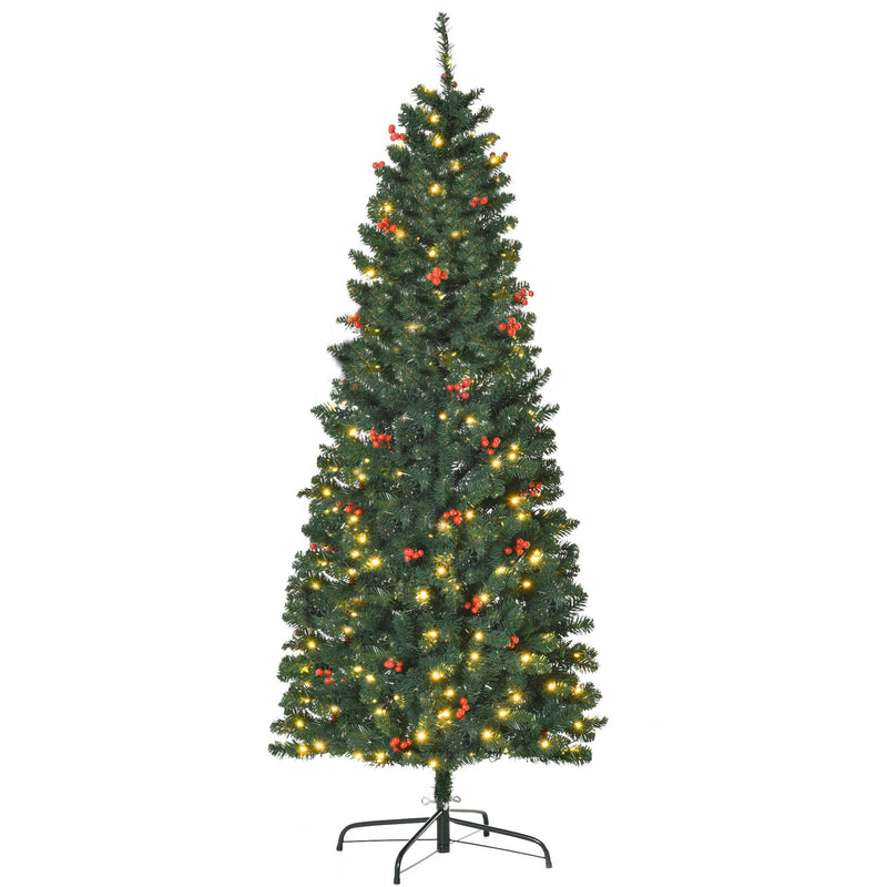 6ft pencil Christmas tree with lights on, angled view on white background