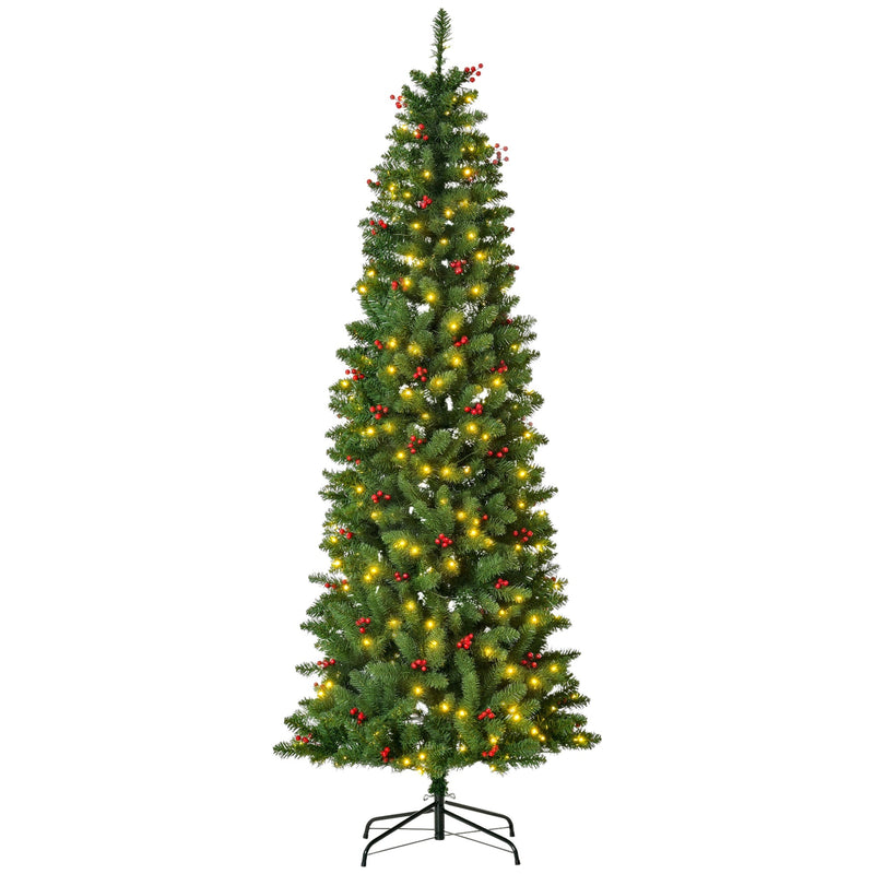 7ft pre-lit pencil Christmas tree with red berries on a black metal stand