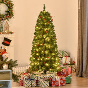 5ft pencil Christmas tree lit up in a living room with a wreath and wrapped gifts