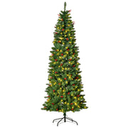 7ft pencil Christmas tree with lights on, front view on white background