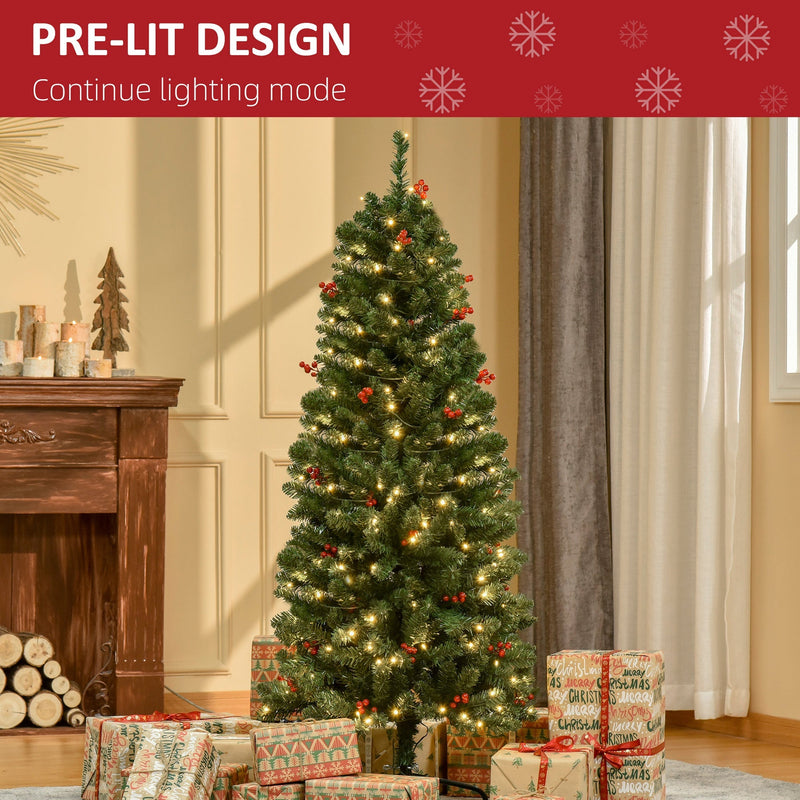 5ft pencil tree with pre-lit design panel beside a fireplace and gifts