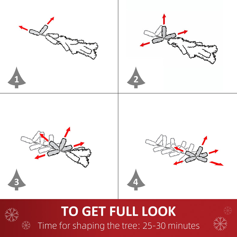 Four-step diagram showing how to fan out the branches on the 5ft tree, 25-30 minutes