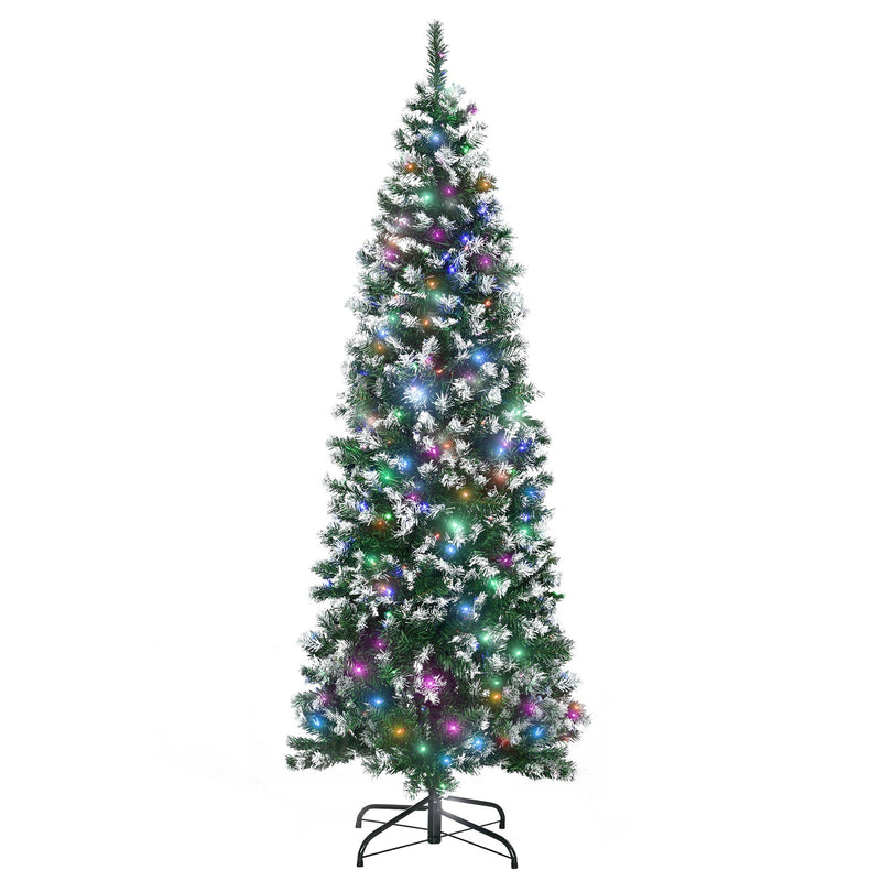 Front view of a 6ft slim pre-lit Christmas tree with snow-dipped tips and multicoloured LEDs
