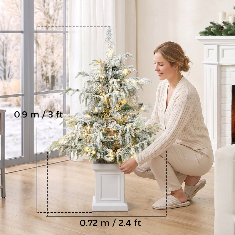 Dimensions diagram of the 3ft flocked Christmas tree showing 90 cm height and 72 cm width