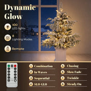 3ft flocked tree panel showing 100 LED lights, 8 lighting modes and the remote control