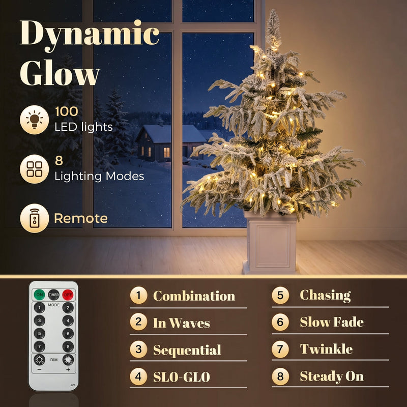 3ft flocked tree panel showing 100 LED lights, 8 lighting modes and the remote control