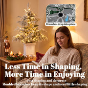Woman reading near the glowing 3ft flocked tree with a close-up of branches that drop into place