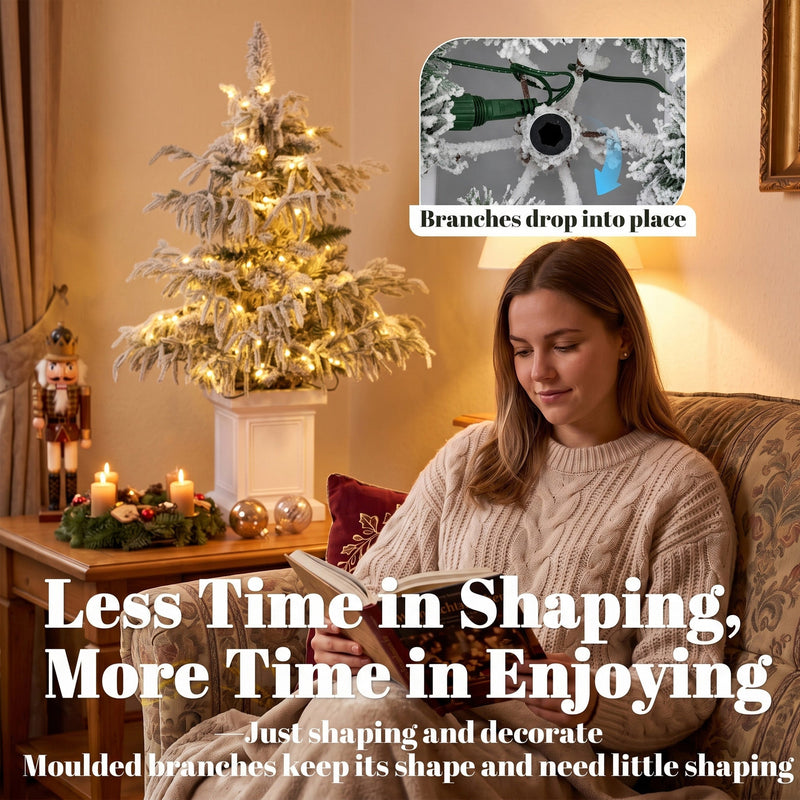 Woman reading near the glowing 3ft flocked tree with a close-up of branches that drop into place