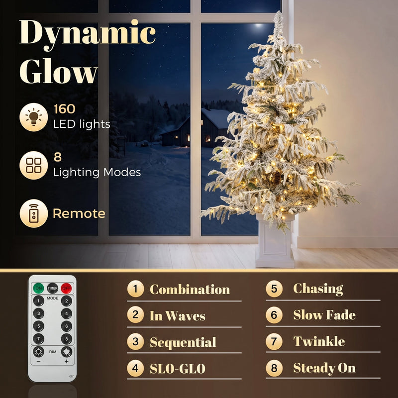 4ft flocked tree panel showing 160 LED lights, 8 lighting modes and the remote control