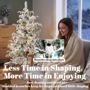 Woman relaxing near the 4ft flocked tree with a close-up of branches that drop into place