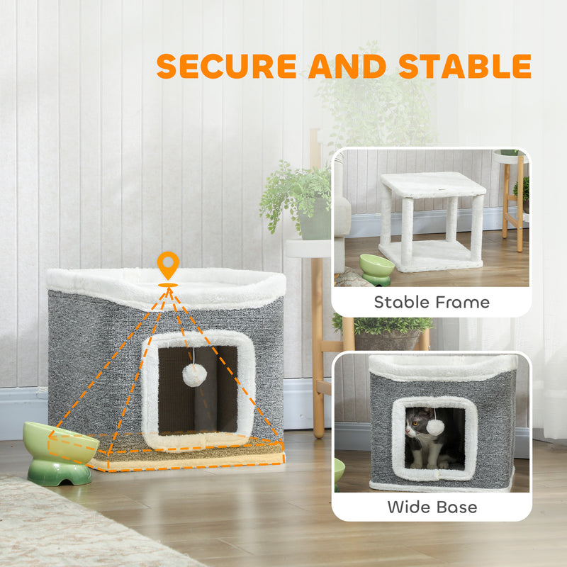 2 Level Indoor Cat House with Top Bed and Hanging Toys Ideal for Multiple Kittens Grey AOSOM