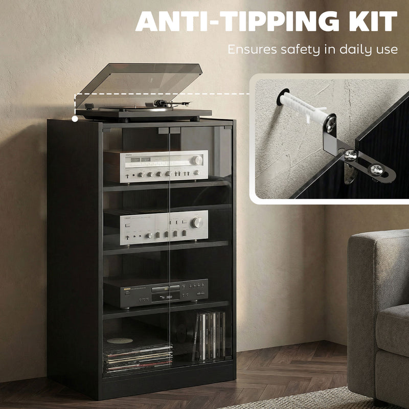 Record Player Stand With Adjustable Shelves and Glass Doors for Tidy Media Storage Black Wood-Effect