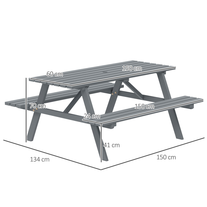 6 Seater Wooden Picnic Table with Parasol Hole Ideal for Garden or Patio Grey AOSOM
