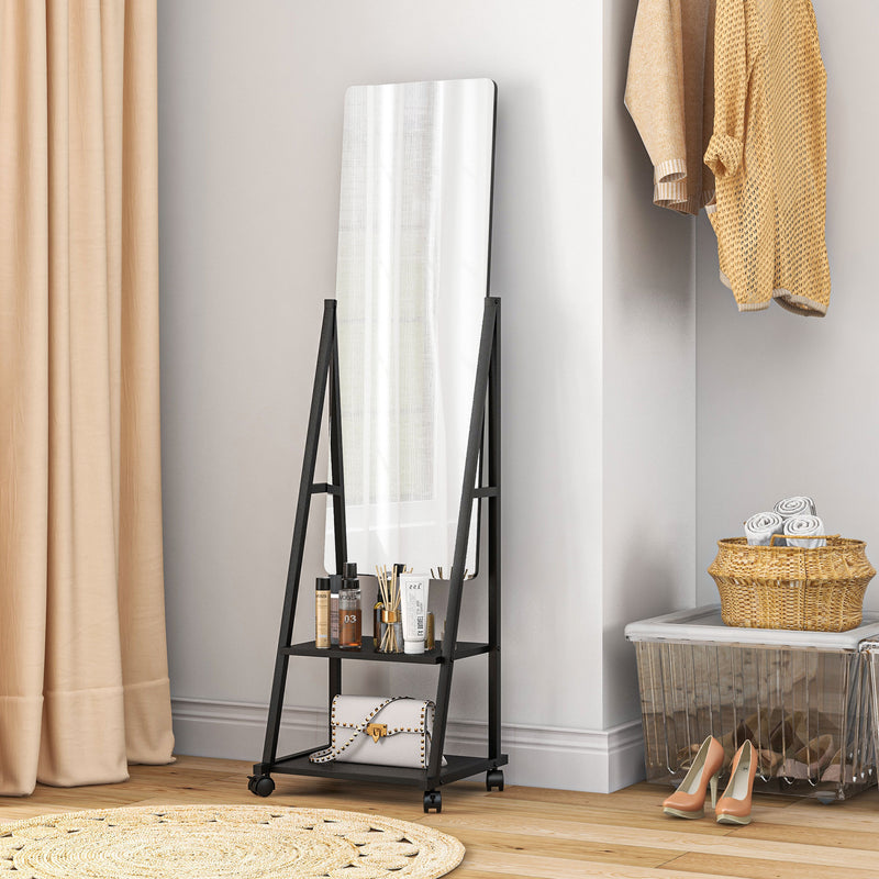 Full Length Dressing Mirror on Wheels with Adjustable Angle and Storage Shelves, White