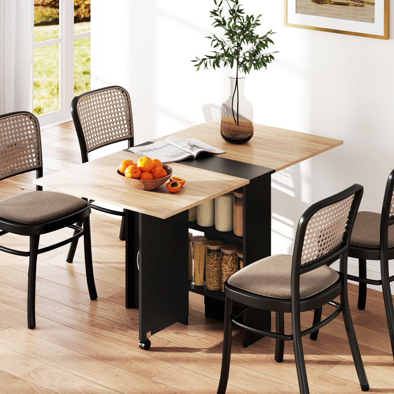 Folding Drop Leaf Dining Table with Storage Shelves and Wheels for Small Spaces Oak Black