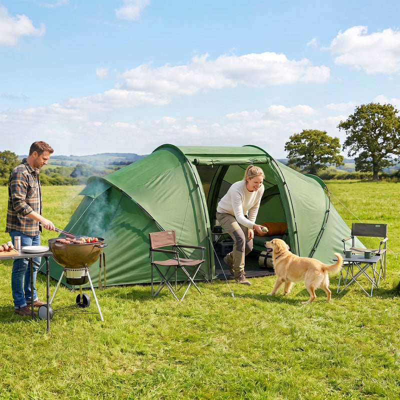 Outsunny 4 Man Camping Tent, UV Protection Tunnel Tent with 2 Bedrooms and Living Area, Large Hiking Sun Shelter, 430 x 240 x 170 cm, Dark Green