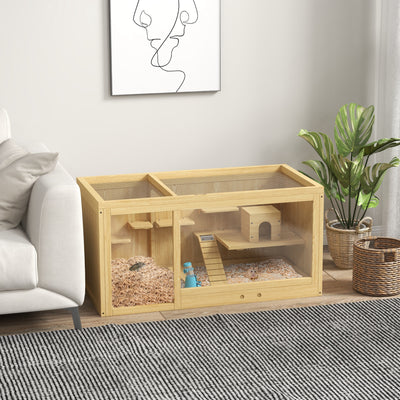 Wooden Hamster Cage with Water Bottle Platforms Openable Roof Sliding Tray and Seesaws by PawHut