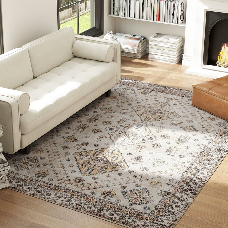 Large Washable Vintage Area Rug Non Slip Flannel Carpet for Living Room or Bedroom Beige
