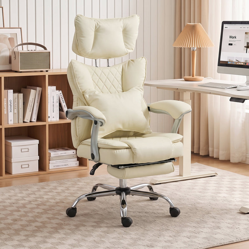 Beige executive office chair in a home office beside a desk and bookshelf