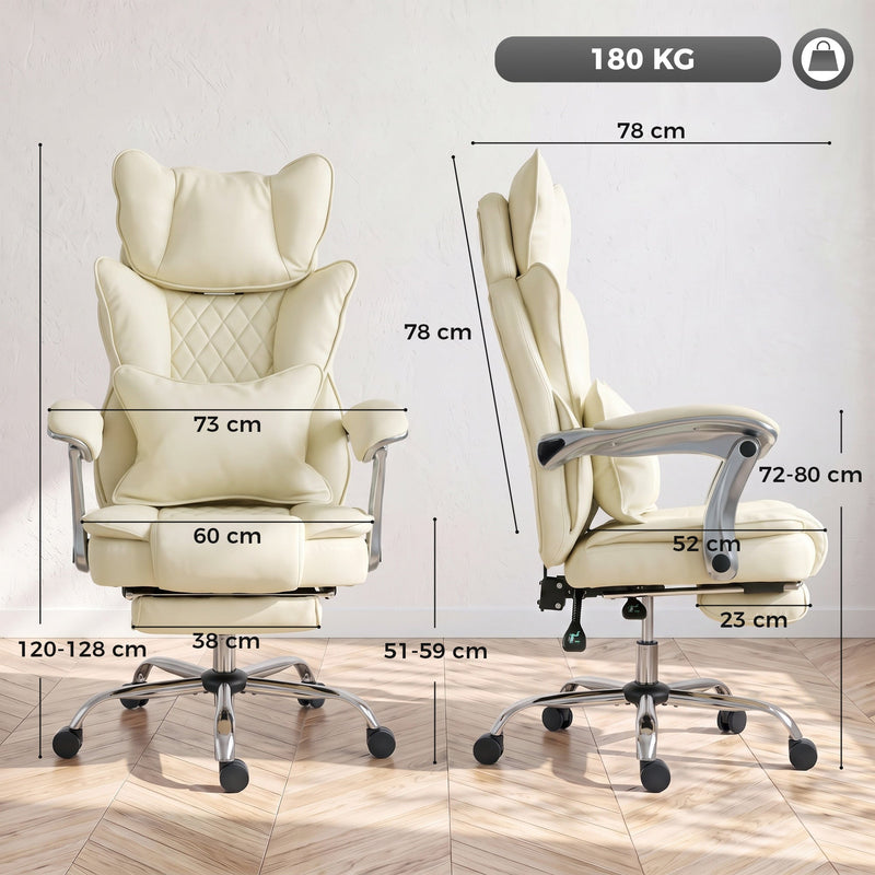 Dimension diagram showing the beige office chair's height, width, seat and armrest measurements