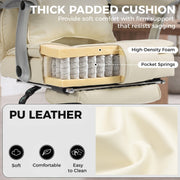 Cutaway view of the spring-core cushion foam and close-up of the beige PU leather finish