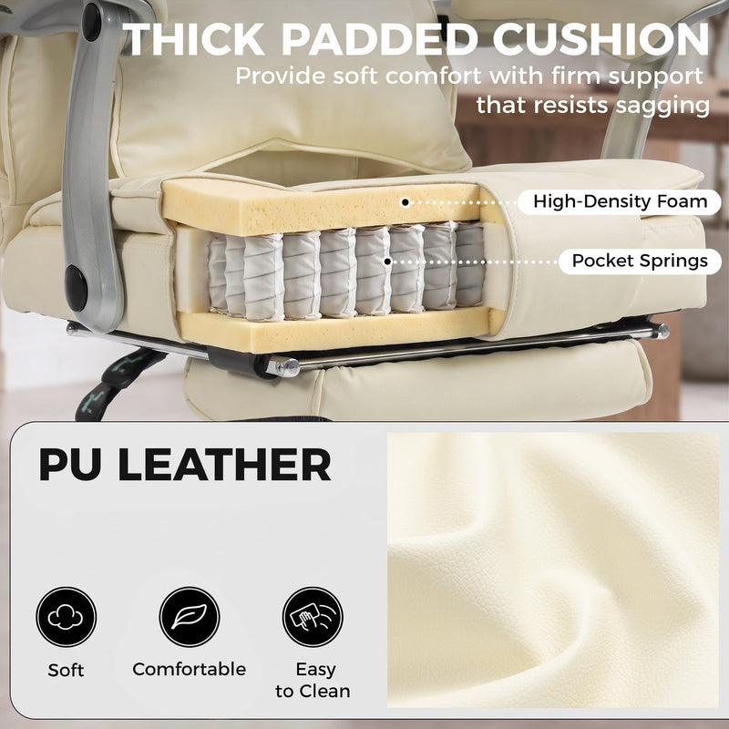 Cutaway view of the spring-core cushion foam and close-up of the beige PU leather finish