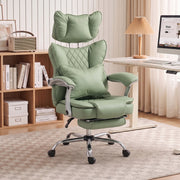 Light green executive office chair in a home office beside a desk and bookshelf