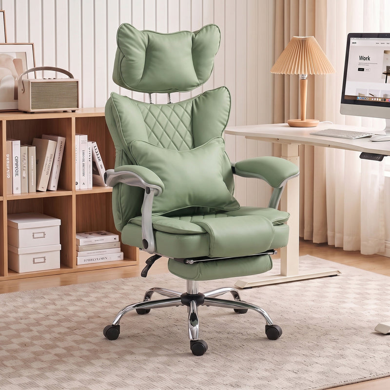 Light green executive office chair in a home office beside a desk and bookshelf